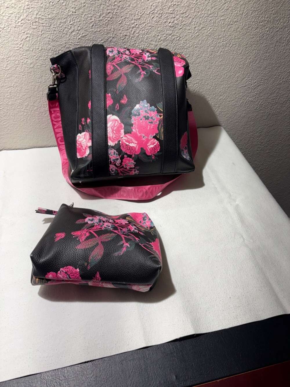 Black Floral Tote with Pink Accents and Matching Pouch